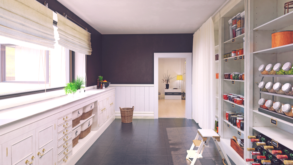 A modern walk-in pantry with custom shelves and racks